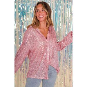 Life's a Party Sequin Button-Up Shirt in Rose Pink